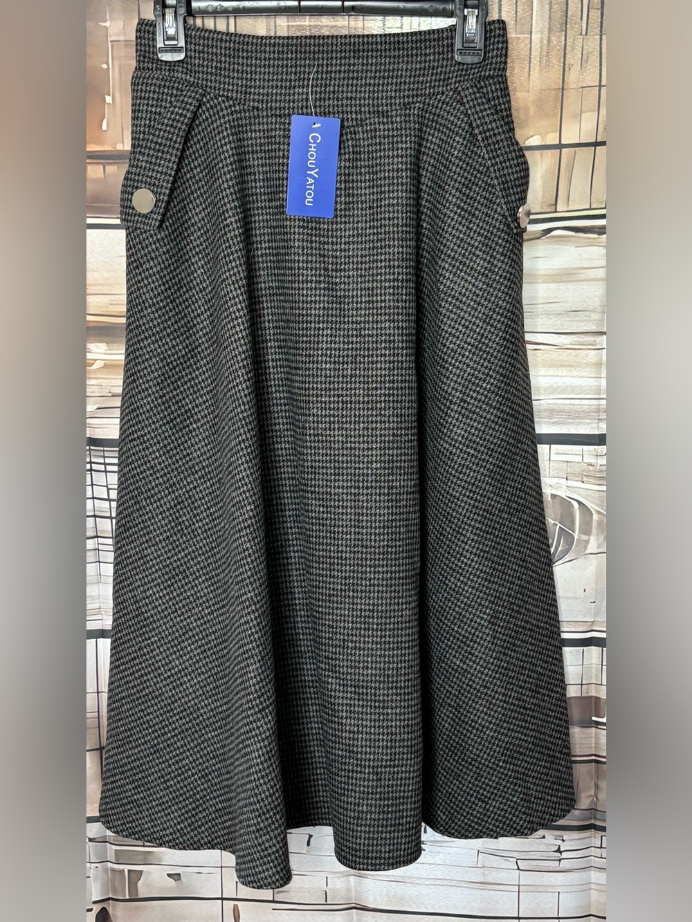 Chouyatou NWT Gray Houndstooth Wool Blend Pleated Midi A Line Skirt Small